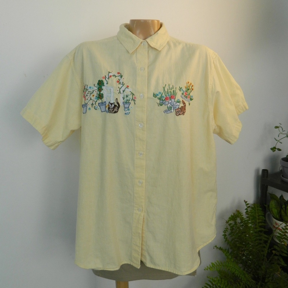 Victoria Jones Button Down Shirt Women 18W Yellow Embroidered Cats Garden Cotton